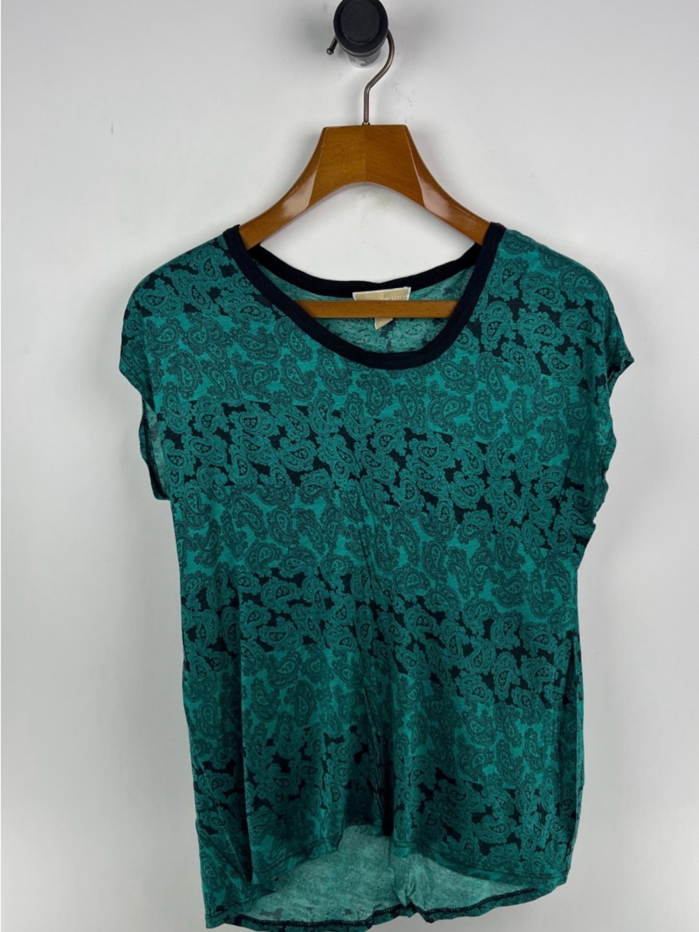 Michael Kors Teal Paisley Short Sleeve Tee with Contrast Neck